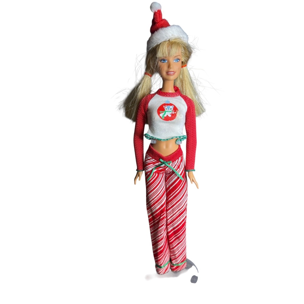 Barbie Doll 2008 Christmas Pajamas Candy Cane Hat Holiday‎ Outfit Kids Toy